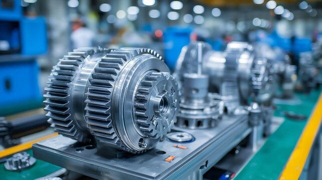 Workers assemble wind turbine gearboxes on a high-tech production line, highlighting efficient manufacturing and the significance of renewable energy in industry