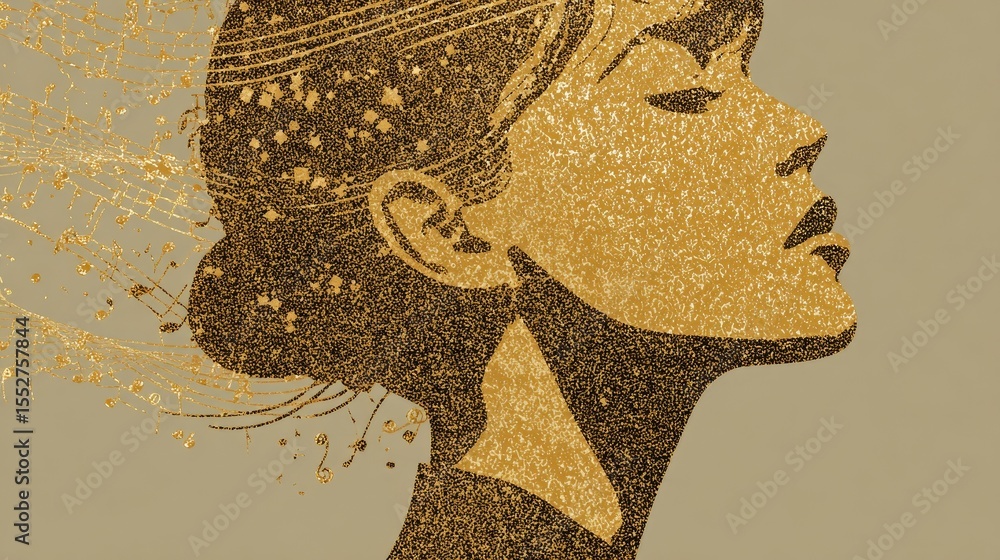 Poster plain gold texture background with subtle outline of a woman and floating music notes, elegant minim