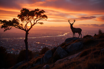  Majestic Deer Standing on Mountain Cliff at Sunset Overlooking Cityscape with Dramatic Sky and Silhouetted Tree