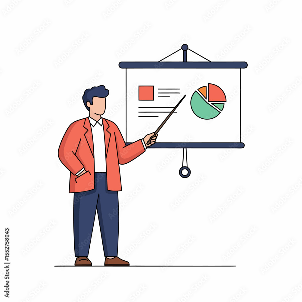 Poster man presenting business growth chart with data analysis on whiteboard