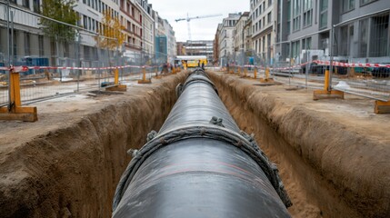 Heavy duty pipeline for district heating is being installed underground in a bustling urban area, surrounded by construction work and ongoing city improvements
