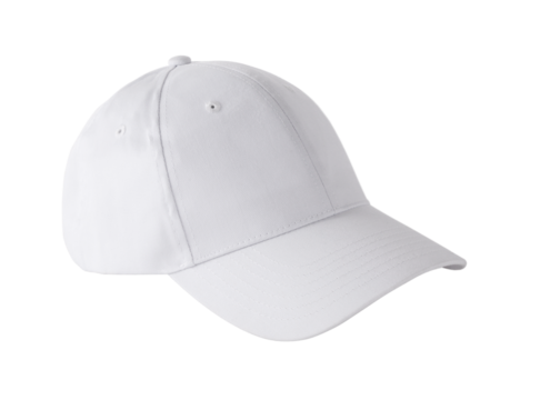 A simple white baseball cap with a curved brim, suitable for casual wear or sun protection.