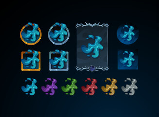set of fantasy gothic medieval button, skill symbol and card design with water magic elements in blue and various color
