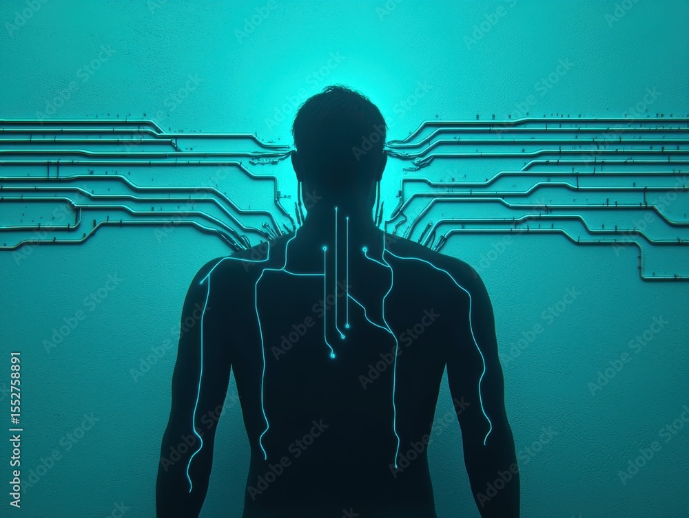 Poster a silhouette of a person with circuit lines illustrating technology integration.