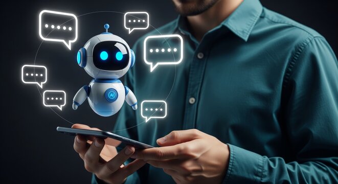 Chatbot AI Robot with Speech Bubbles Hovering Over Smartphone – Virtual Assistant Concept