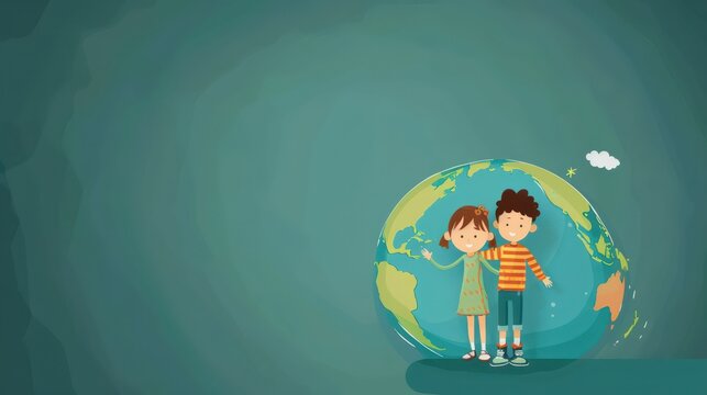 Celebrating international friendship day with diverse kids and global unity theme. Flat illustration. Horizontal banner. Copy space
