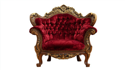 Opulent red velvet armchair with intricate gold detailing. A regal piece of furniture for a luxurious interior space. Comfort and style!
