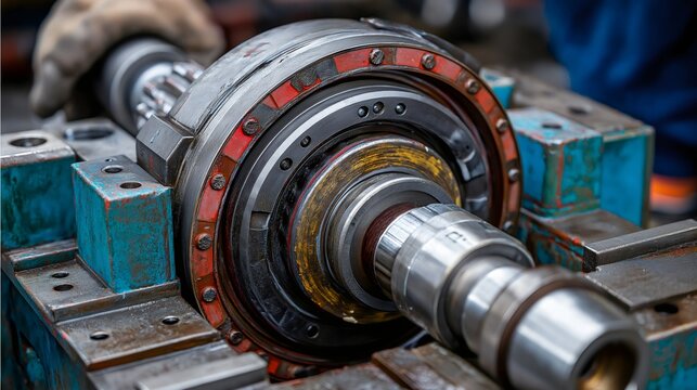 Technicians are conducting a thorough inspection of a wind turbine gearbox in a manufacturing facility, ensuring all components meet safety and performance standards - Powered by Adobe
