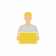 Young Man Holding a Yellow Sign Asking for Quiet Please on a White Background