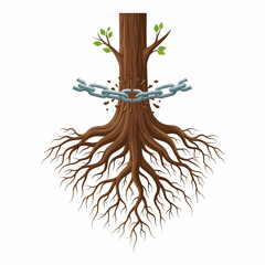 Chain around strong tree trunk and roots symbolizing breaking free from restriction and growth