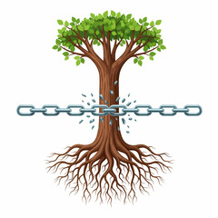 Symbolic Image of a Strong Tree Breaking a Metal Chain with its Roots and Branches Representing Freedom Strength Resilience
