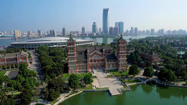 Panoramic view of the integration of ancient and modern urban architecture Zhengzhou Millennium Plaza urban style