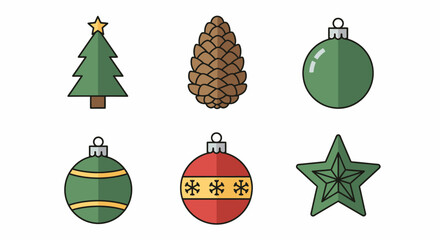 Festive Christmas Ornaments and Pinecone Decorative Icons for Holiday Season Design