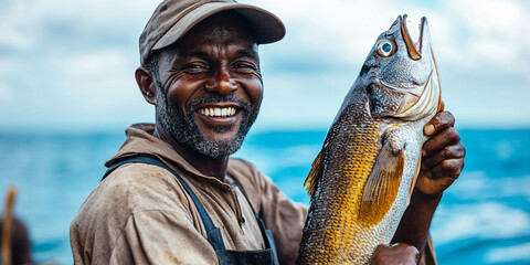 A happy fisherman proudly displays his large catch, a golden fish.