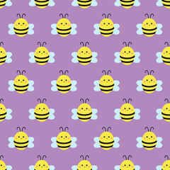 Kids vector pattern with cute bees on a purple background