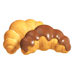 A vibrant 3D rendering showcases two inviting croissants: one classic golden-brown and another generously coated in rich, dripping chocolate.