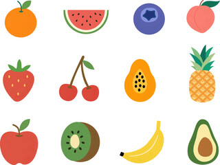 Set of hand-painted fruits. Flat fashion minimalist style. Natural tropical fruits. Oranges, watermelon, blueberries, peaches, strawberries, cherries, papaya, pineapple, apples, kiwi, banana, avocado