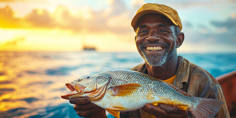 A joyful fisherman proudly displays his fresh catch at sunset.