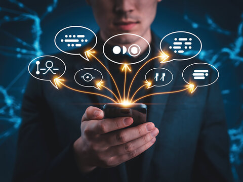 Person holding phone with AI-powered chat commands, multiple virtual assistant functions