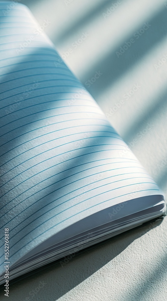 Poster open lined notebook rests on a surface, bathed in cool light casting diagonal shadows across its bla