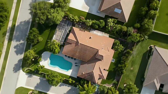 Aerial View of a Suburban House with a Turquoise Swimming Pool Surrounded by Green Trees and Lush Landscaping in Bright Daylight and AI defects