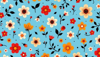 a patterned fabric with a vibrant floral print and small red flowers