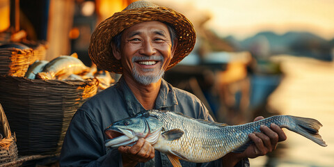 An elderly Asian fisherman smiles proudly, holding a large fish at a bustling market during the golden hour.