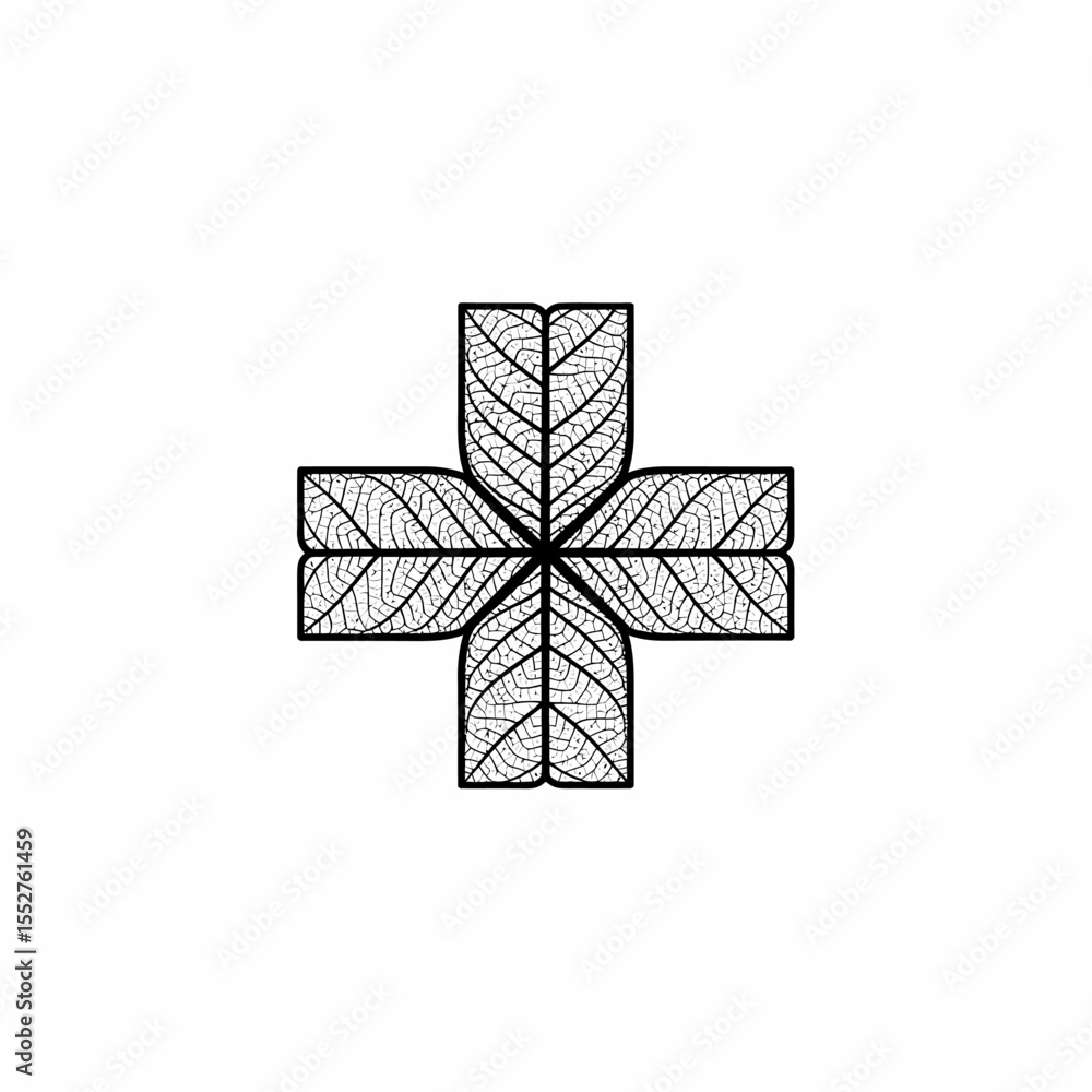 Poster four textured leaf shapes forming a cross pattern isolated on white background