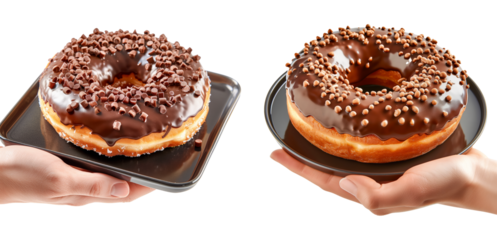 Hand holding chocolate glazed donut with chocolate drizzle, isolated on white transparent background.