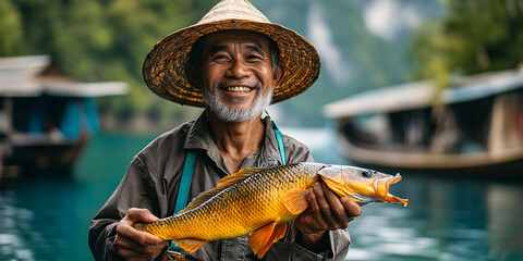 An elderly Asian fisherman smiles proudly, holding a golden fish by a lake with traditional boats in the background.