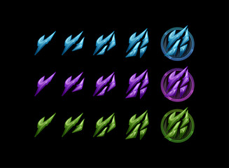 set of ice, diamonds and gem shard symbol in tier level crack and separated for magic fantasy game button, spell and symbol