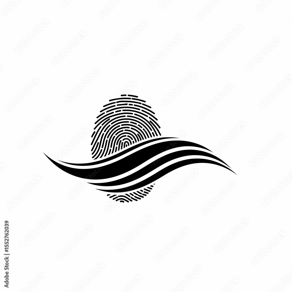 Poster abstract fingerprint logo design incorporating flowing wave element for identity and security concep
