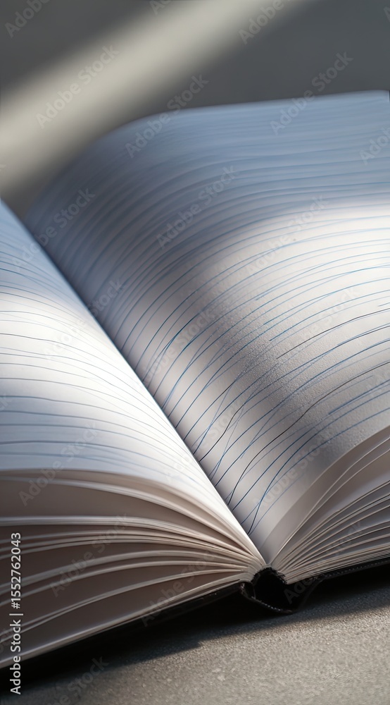Poster open notebook with lined pages, sunlight illuminating the pages, showing texture and subtle shadows