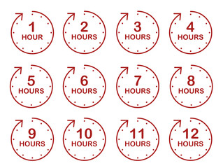 Red hourly countdown timer stickers from 1 to 12 hours for productivity planners and time management, Icon Set