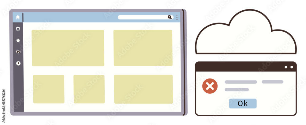 Poster web browser window with dashboard layout alongside pop-up error message, cloud icon. ideal for techn
