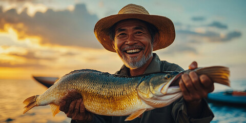 A joyful elderly fisherman proudly displays his large fish against a vibrant sunset.