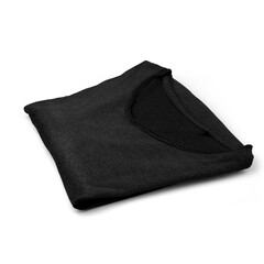 A neatly folded black t-shirt, showcasing a simple and classic design.
