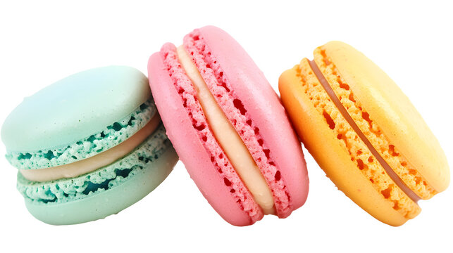 Three different colored macarons are displayed on a white background