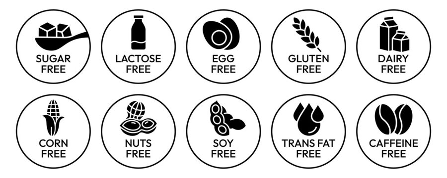 Set allergen free icons. Allergen free label products. Free lactose, gluten, sugar, corn, egg, trans fat, dairy, soy, nuts, caffeine, symbol, logo, badge, black, vector, isolated on white background.