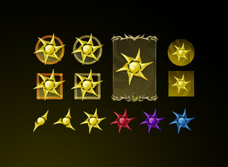 aset of fantasy gothic medieval button, skill symbol and card design with sun bright magic elements in yellow and various color