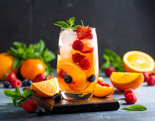 a glass of Iced Fruit Cocktail with a variety of fruits