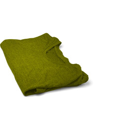 A neatly folded olive green t-shirt on a white background, showcasing its texture and color.