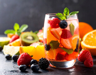 a glass of Iced Fruit Cocktail with a variety of fruits