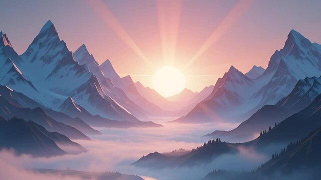 sunrise in the mountains in fogg 