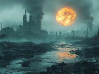 Dystopian Future Landscape with Fiery Moon