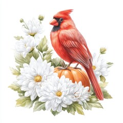 Cardinal perched on a smiling pumpkin surrounded by autumn chrysanthemums and vibrant leaves in a detailed vector painting