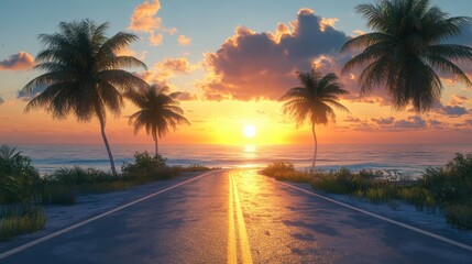 Fototapeta premium Road lined in Palm Trees,coastal boulevard lined with tall palms on the beach,Beach paradise,Summer beach vibes,Holliday road trip by vehicle.