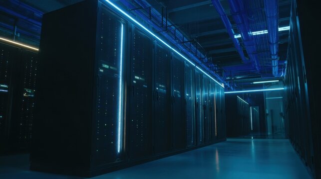 Modern server room with sleek black cabinets, colorful indicator lights, neon blue light strips, reflective floor, and industrial ceiling conduits.