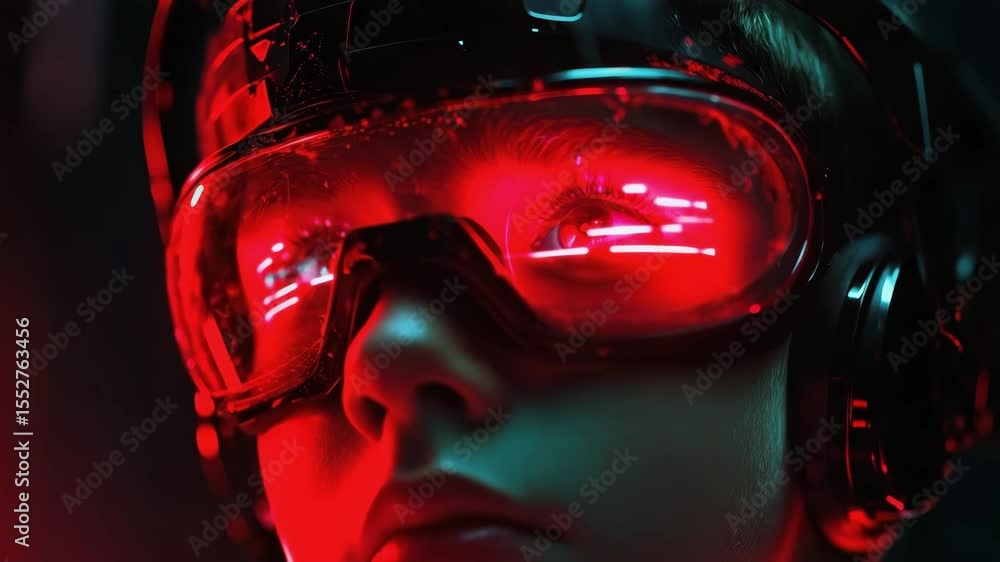 Poster futuristic virtual reality headset with glowing red light creating immersive technology experience f