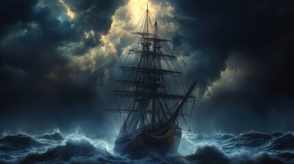 Fototapeta premium Sailing Ship Battling Stormy Seas Under Dark Clouds